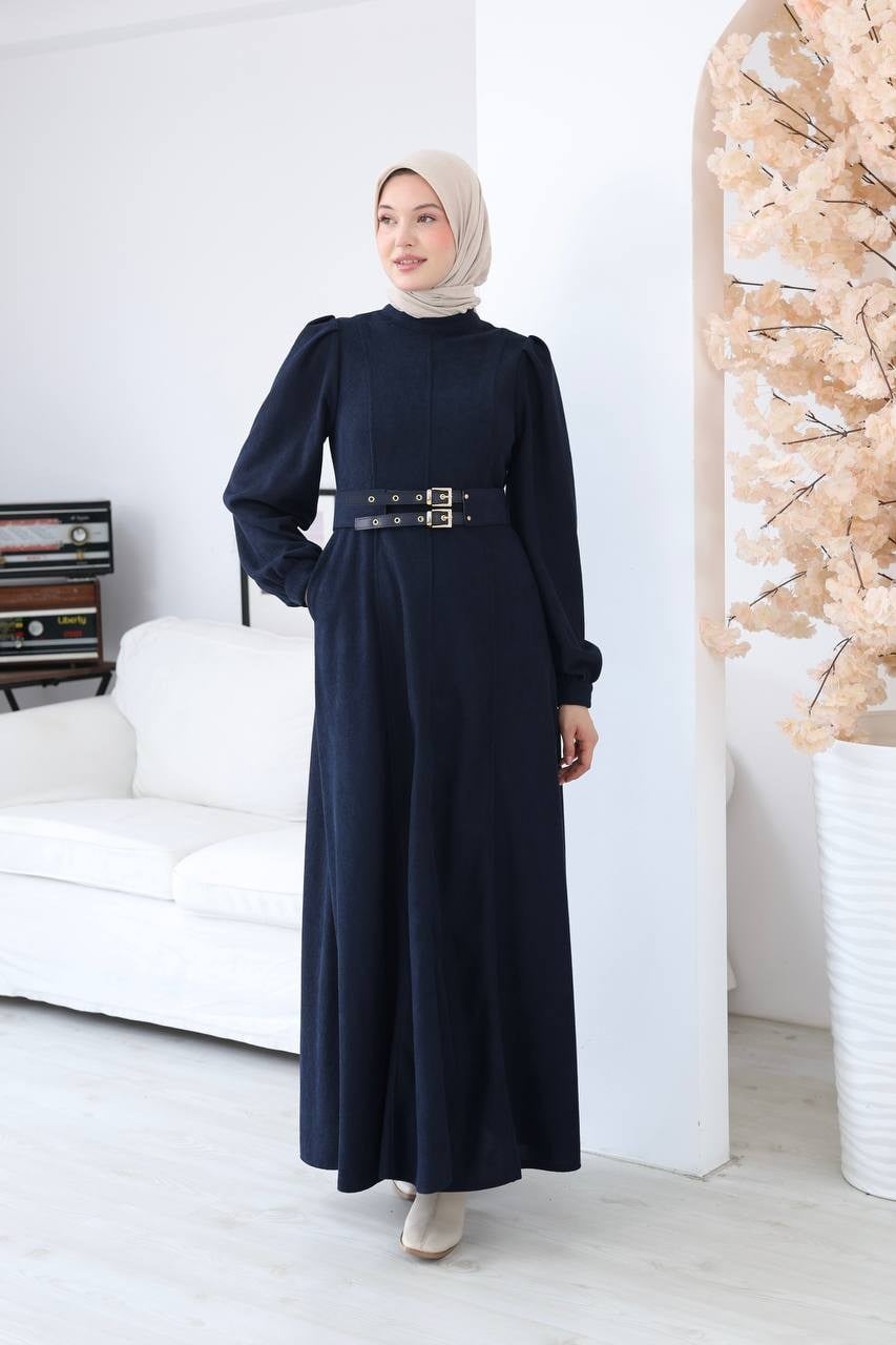7208 Çift Tokalı Kemerli Elbise - Lacivert 