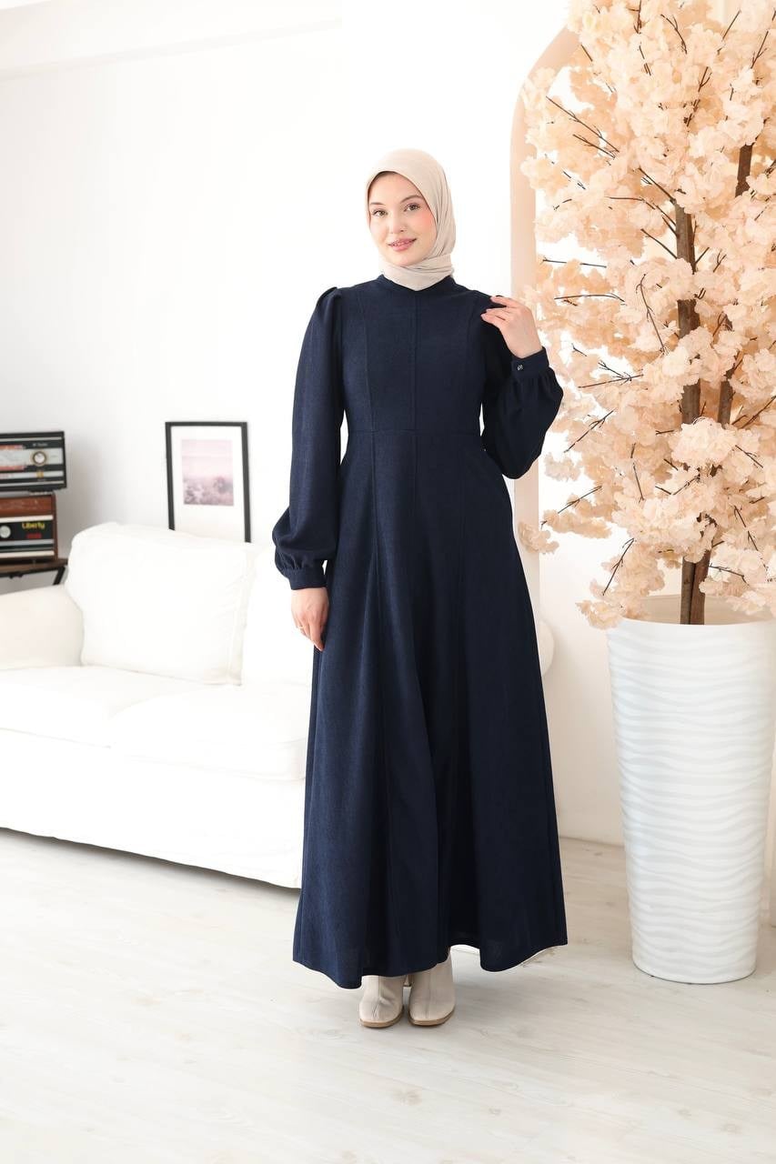 7208 Çift Tokalı Kemerli Elbise - Lacivert 
