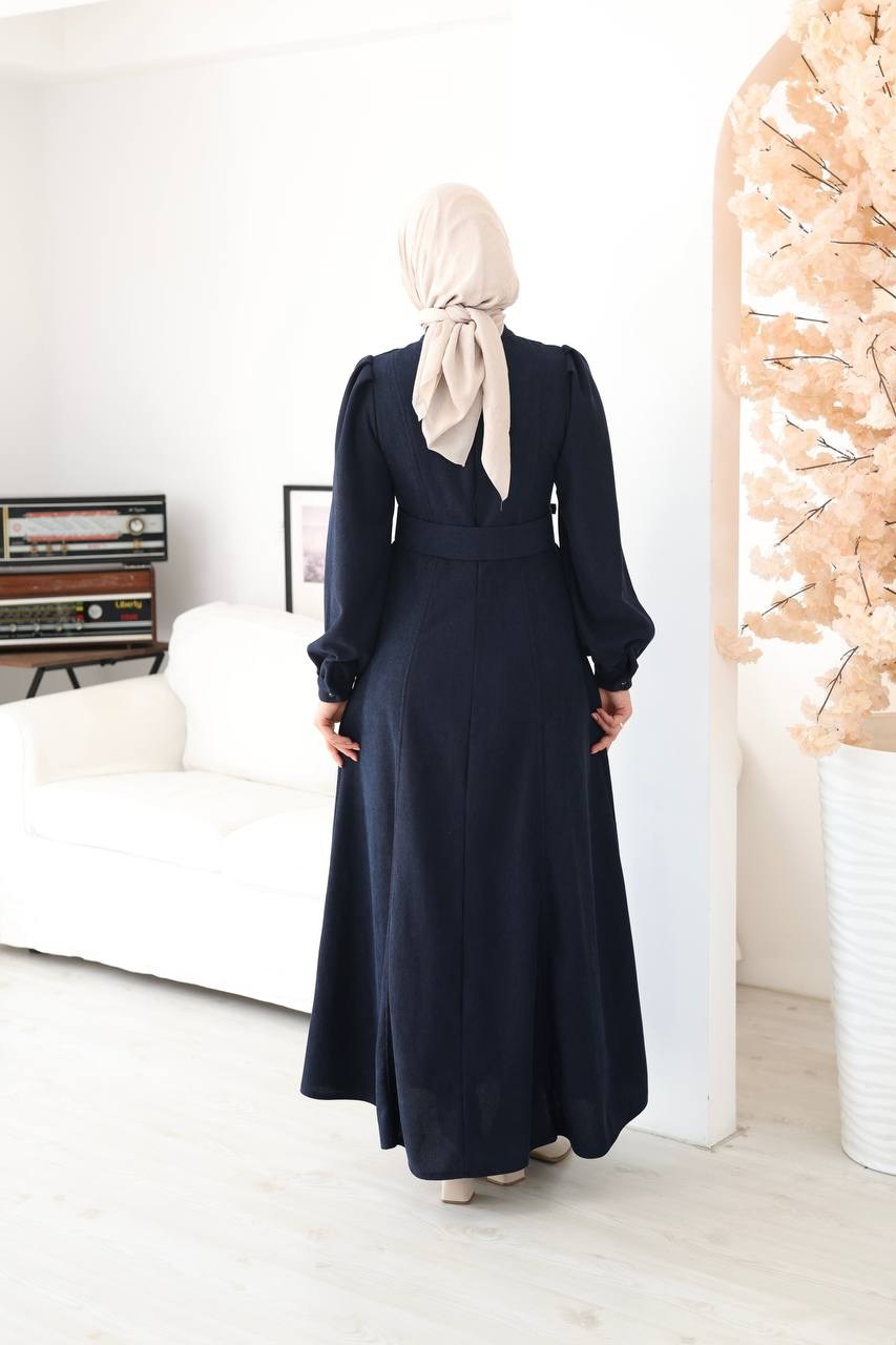 7208 Çift Tokalı Kemerli Elbise - Lacivert 