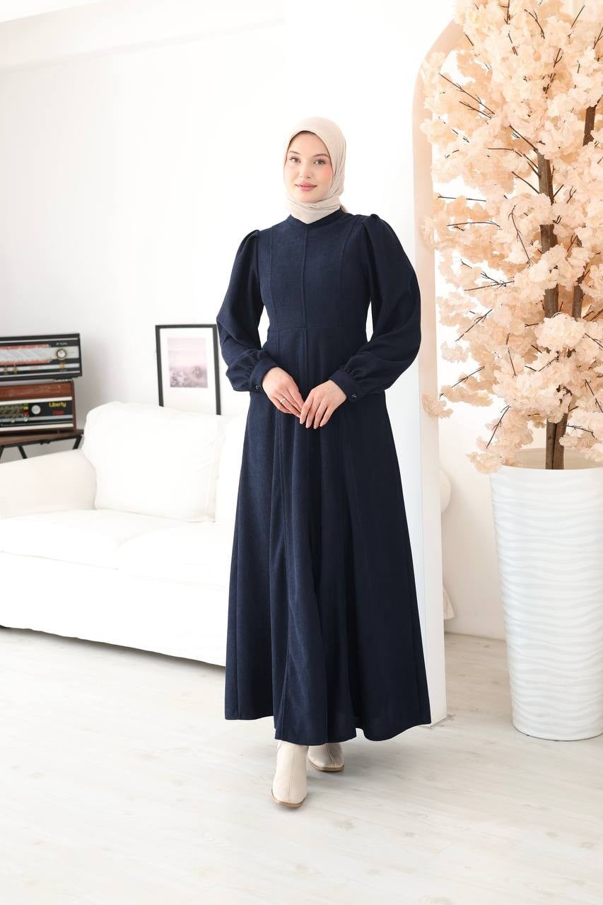 7208 Çift Tokalı Kemerli Elbise - Lacivert 
