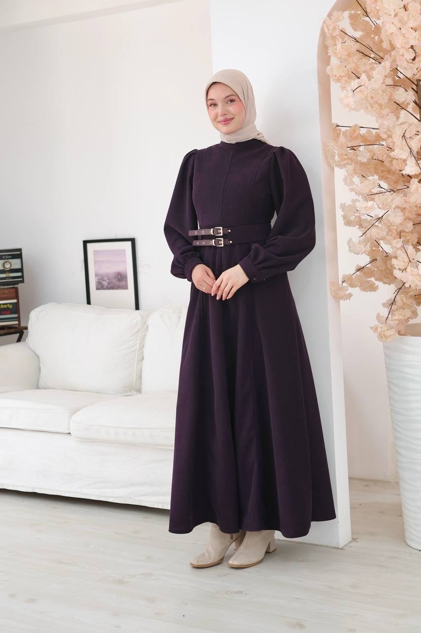 7208 Çift Tokalı Kemerli Elbise - Mürdüm 