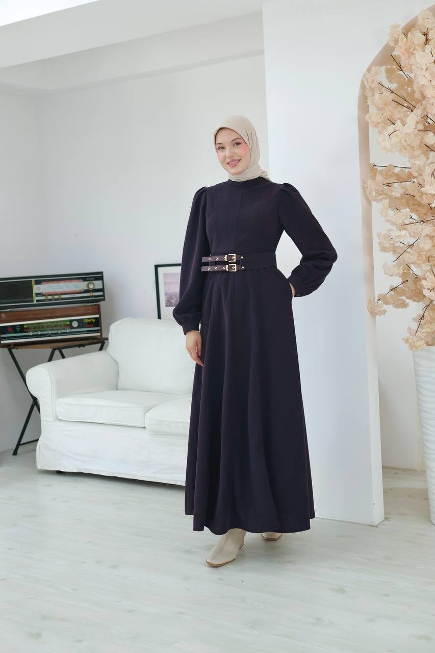 7208 Çift Tokalı Kemerli Elbise - Mürdüm 