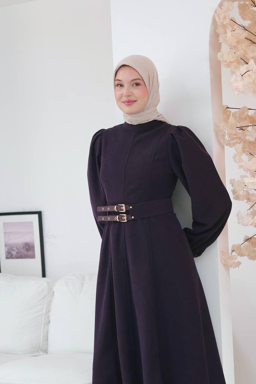 7208 Çift Tokalı Kemerli Elbise - Mürdüm 