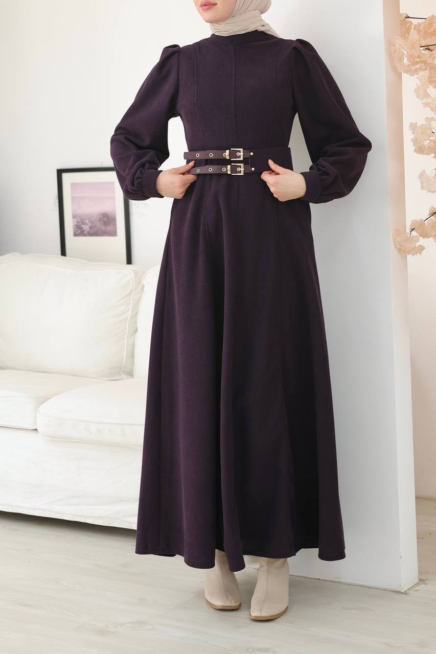 7208 Çift Tokalı Kemerli Elbise - Mürdüm 