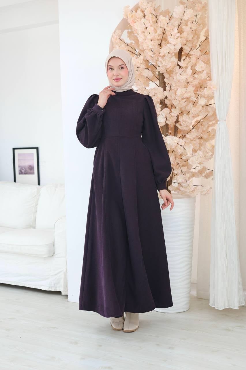 7208 Çift Tokalı Kemerli Elbise - Mürdüm 