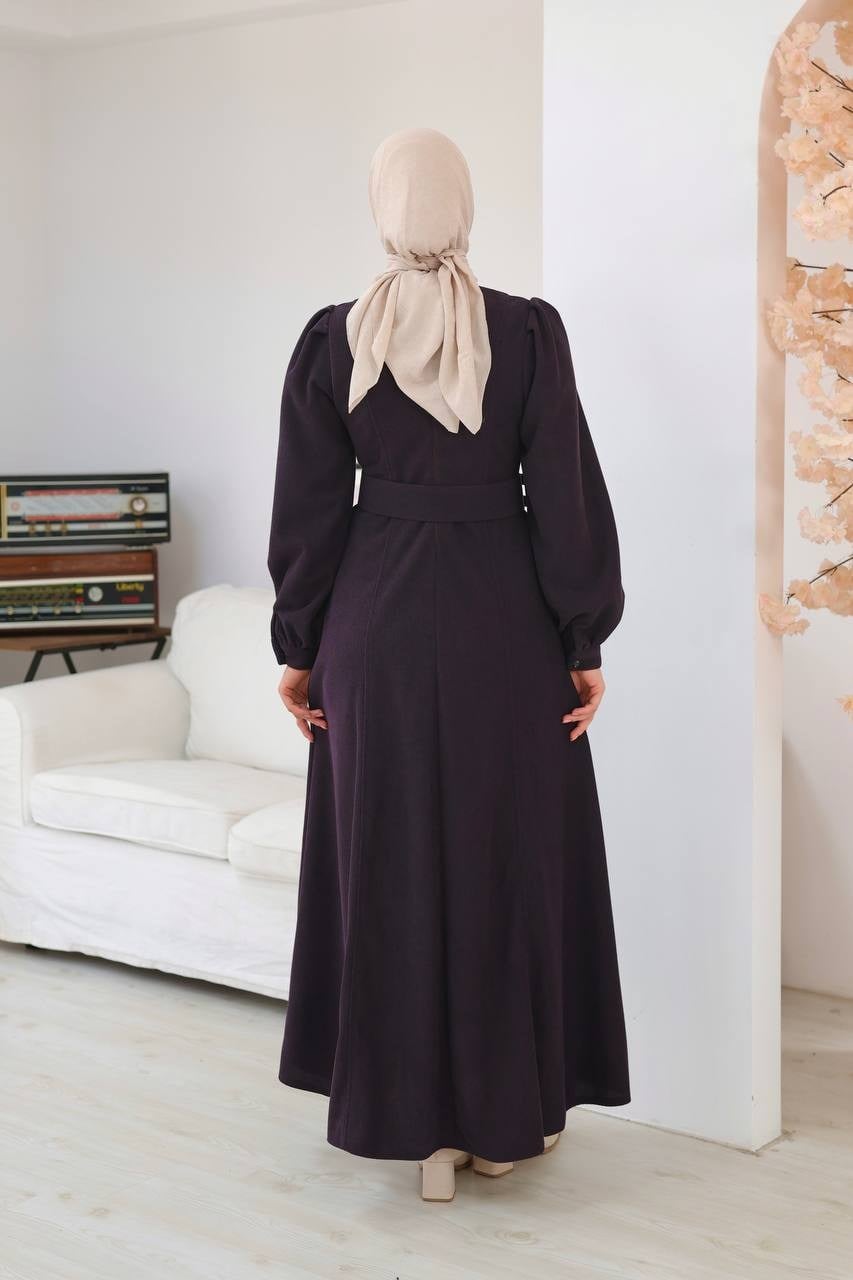 7208 Çift Tokalı Kemerli Elbise - Mürdüm 
