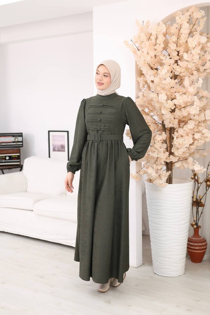 7217 Kemerli Askeri Stil Elbise - Haki