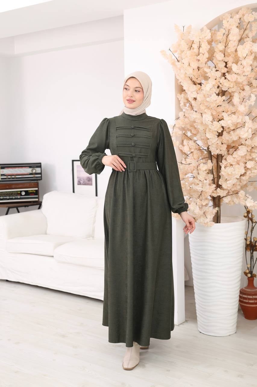 7217 Kemerli Askeri Stil Elbise - Haki