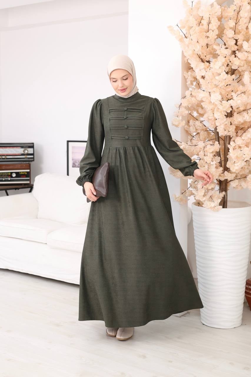 7217 Kemerli Askeri Stil Elbise - Haki