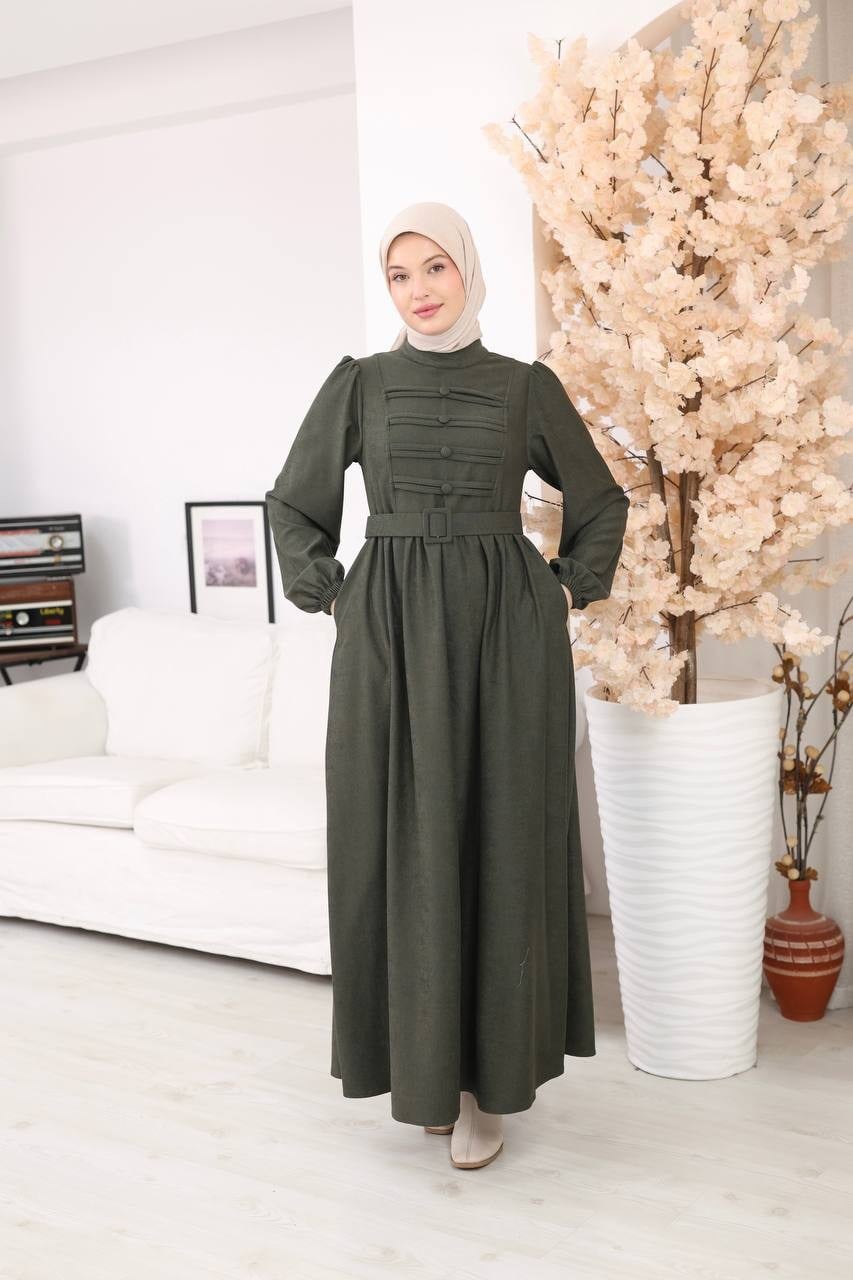 7217 Kemerli Askeri Stil Elbise - Haki