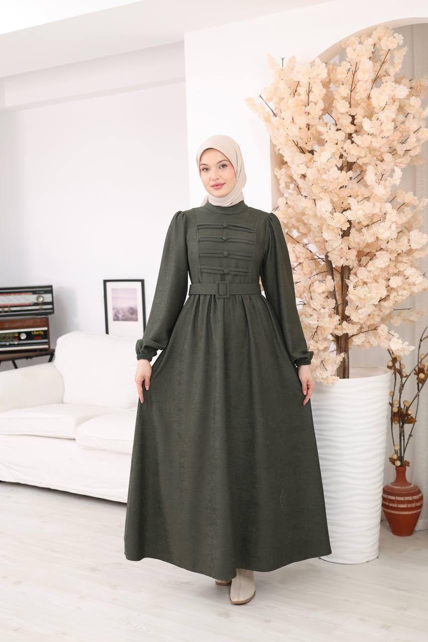 7217 Kemerli Askeri Stil Elbise - Haki