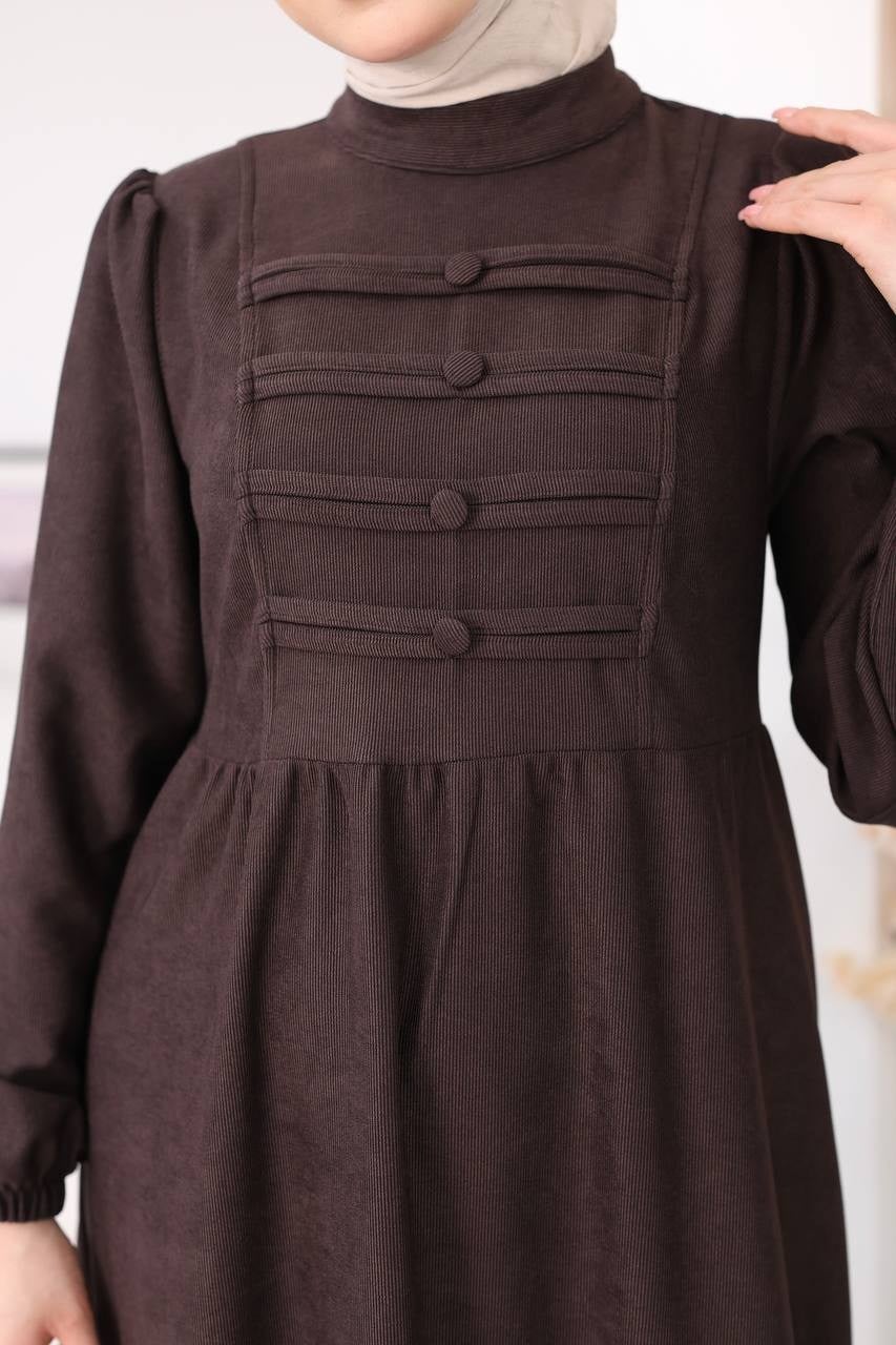 7217 Kemerli Askeri Stil Elbise - Kahverengi 
