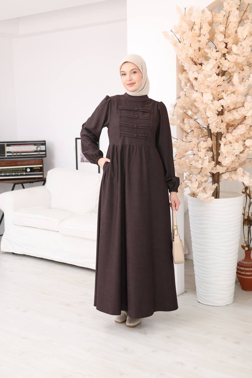 7217 Kemerli Askeri Stil Elbise - Kahverengi 