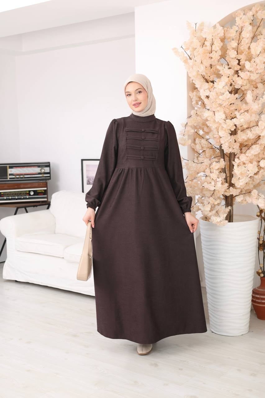 7217 Kemerli Askeri Stil Elbise - Kahverengi 