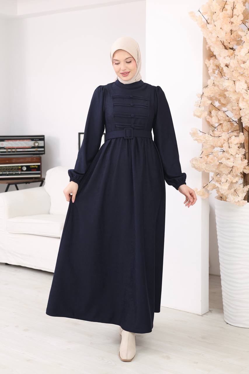 7217 Kemerli Askeri Stil Elbise - Lacivert 