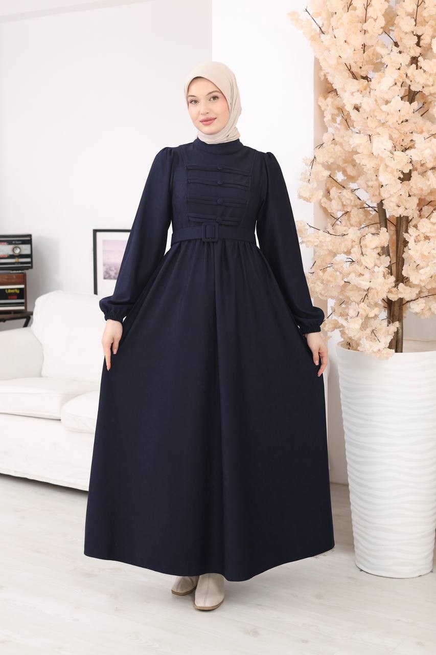 7217 Kemerli Askeri Stil Elbise - Lacivert 