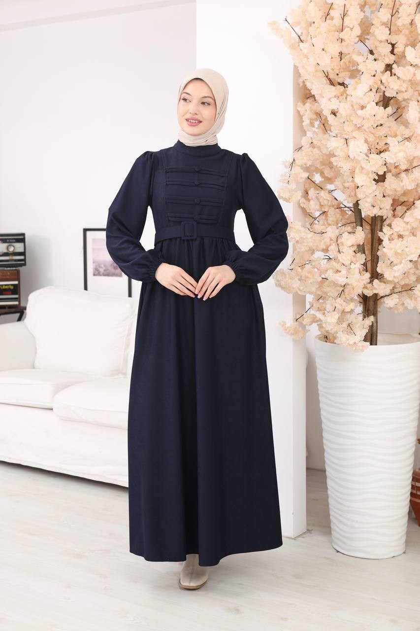7217 Kemerli Askeri Stil Elbise - Lacivert 