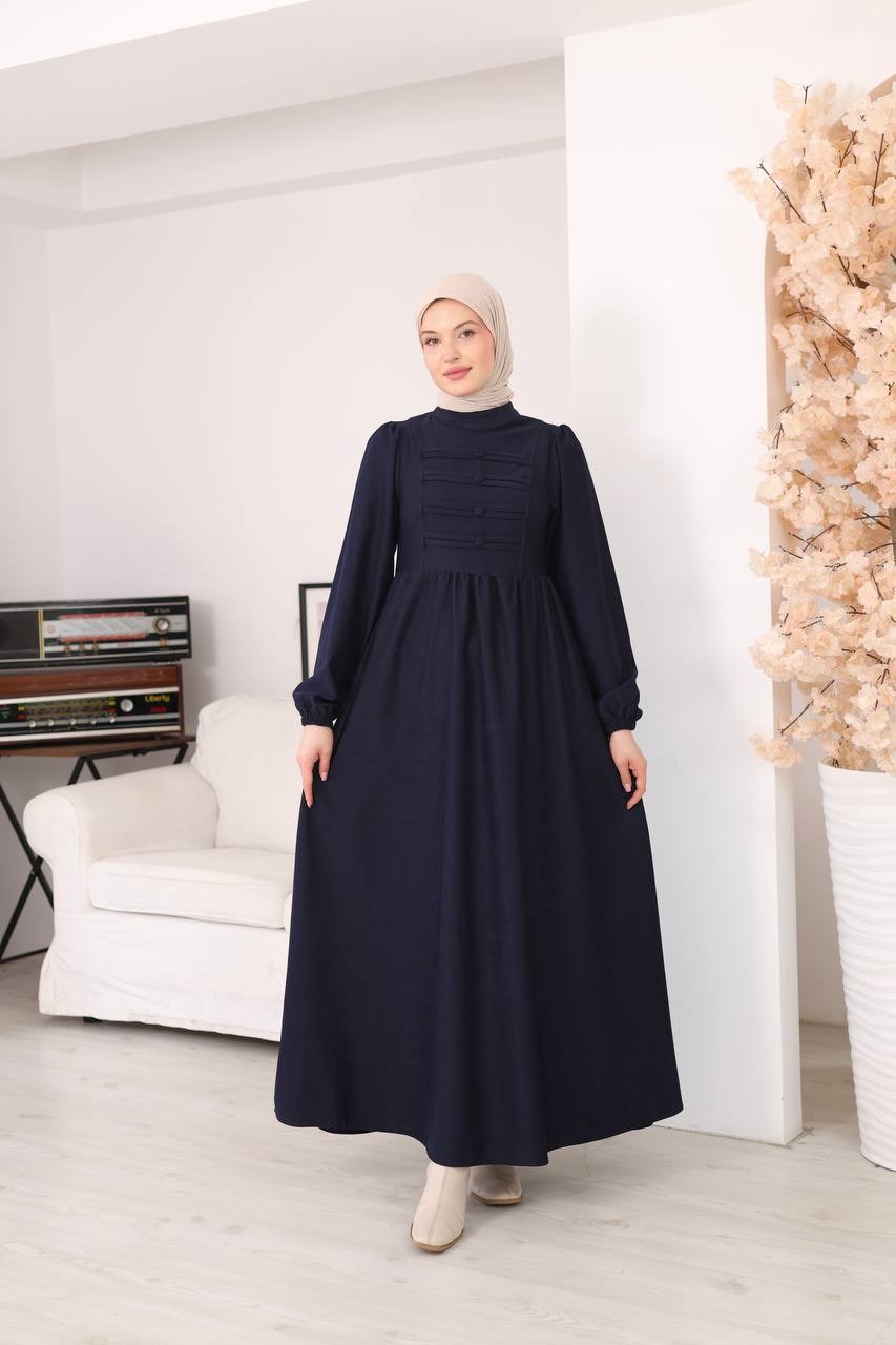 7217 Kemerli Askeri Stil Elbise - Lacivert 