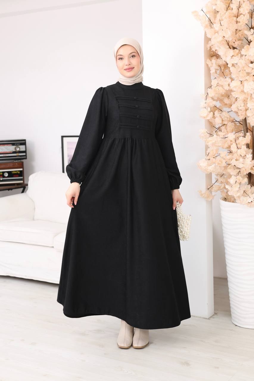 7217 Kemerli Askeri Stil Elbise - Siyah 
