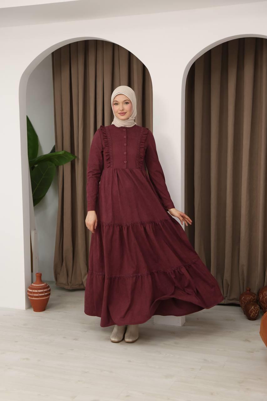 8034 Güpürlü Fırfırlı Elbise - Bordo