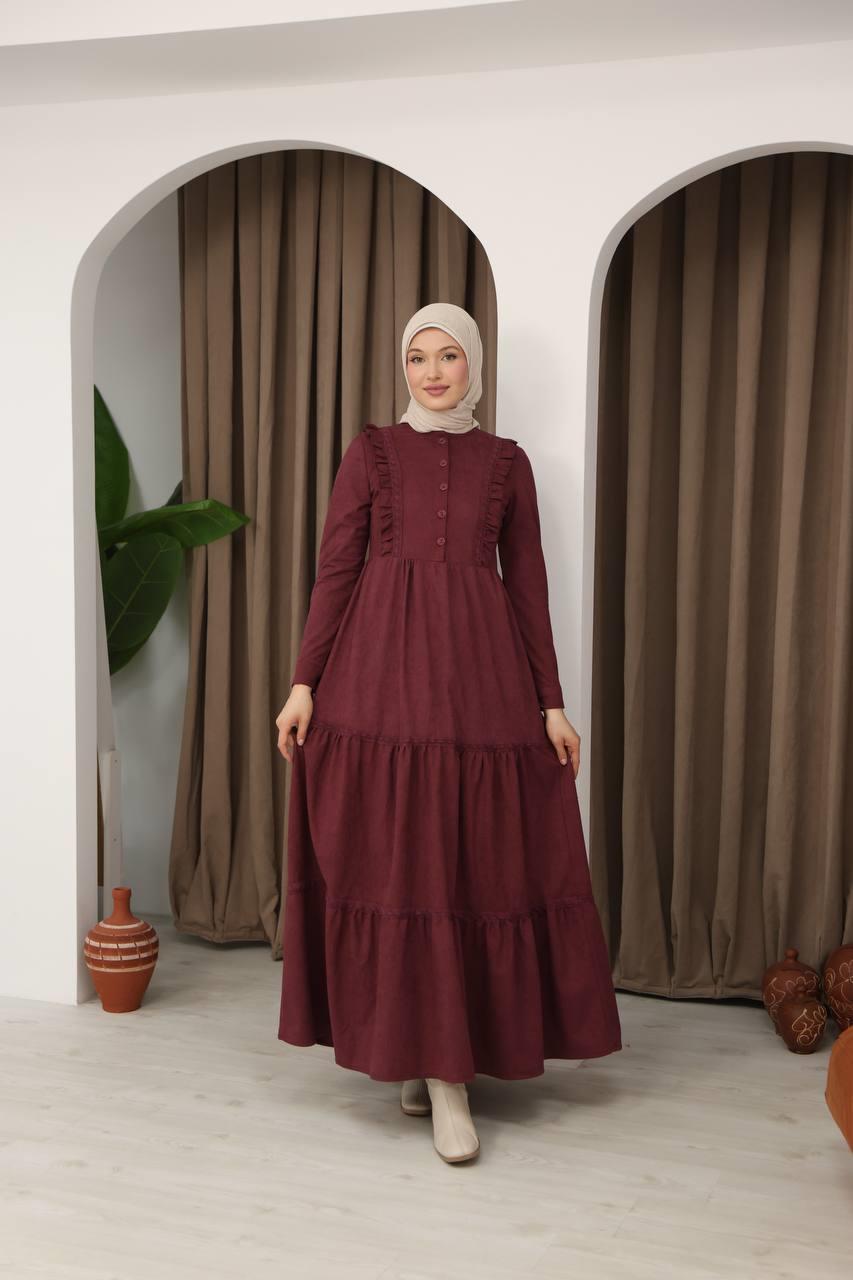 8034 Güpürlü Fırfırlı Elbise - Bordo