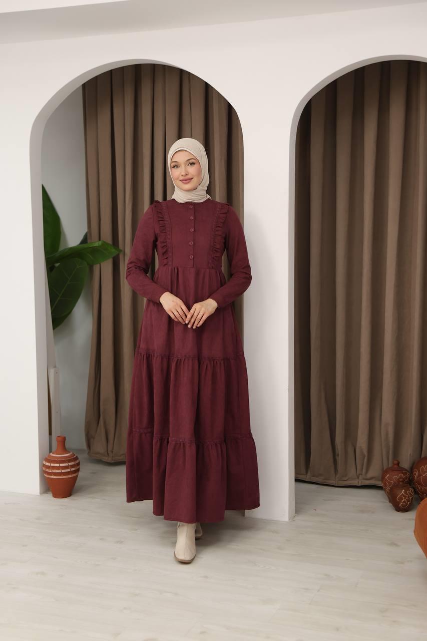8034 Güpürlü Fırfırlı Elbise - Bordo