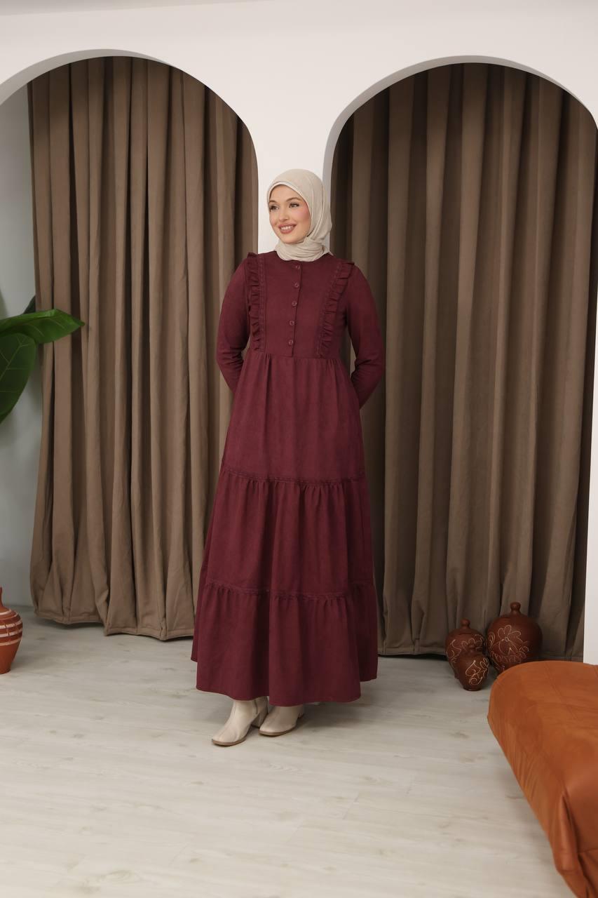 8034 Güpürlü Fırfırlı Elbise - Bordo
