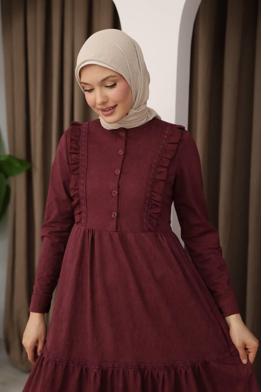 8034 Güpürlü Fırfırlı Elbise - Bordo