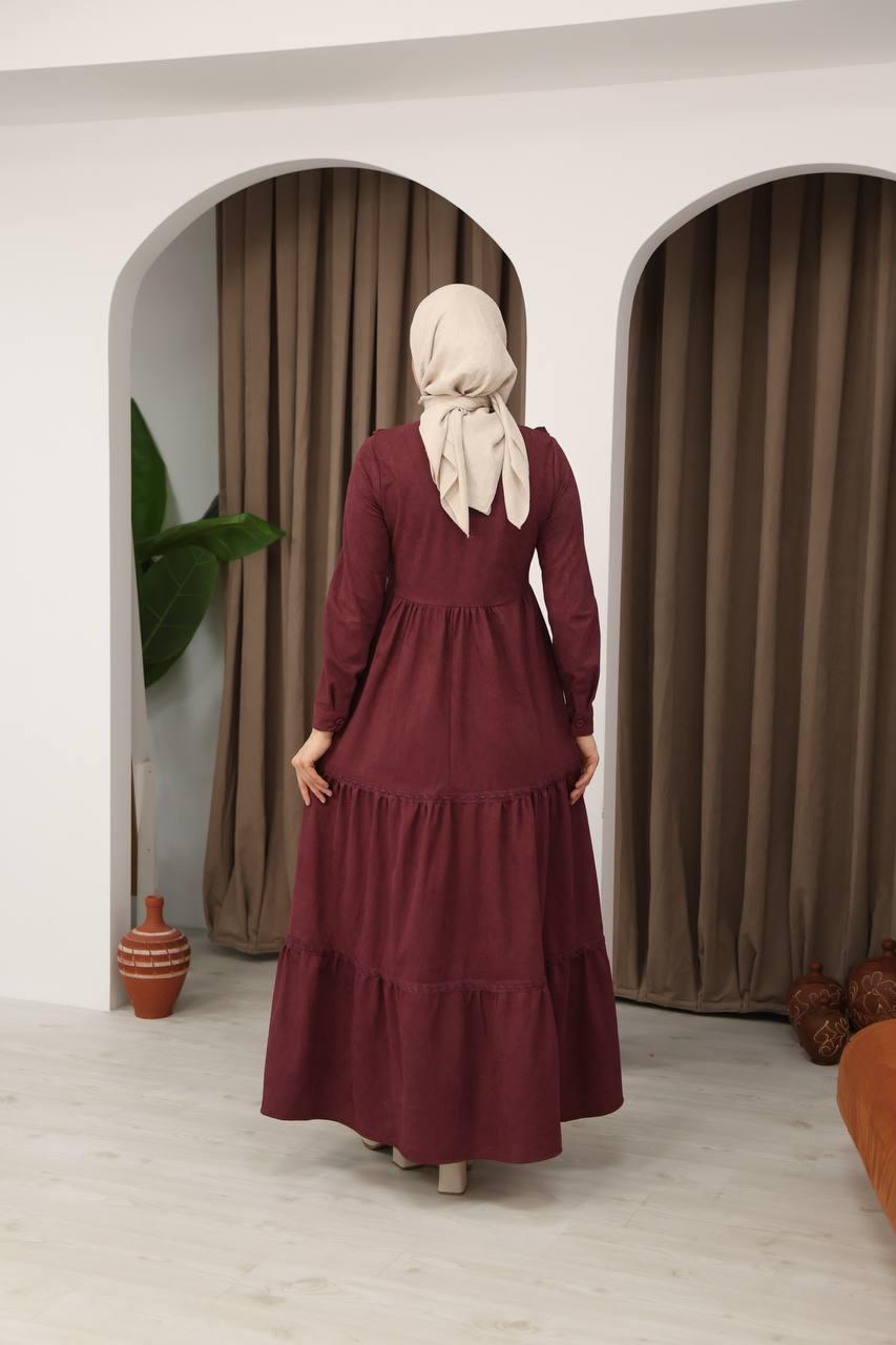 8034 Güpürlü Fırfırlı Elbise - Bordo
