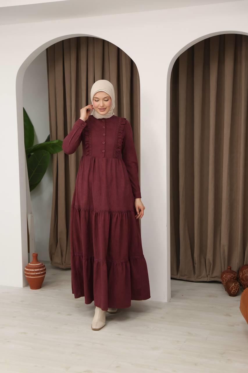 8034 Güpürlü Fırfırlı Elbise - Bordo