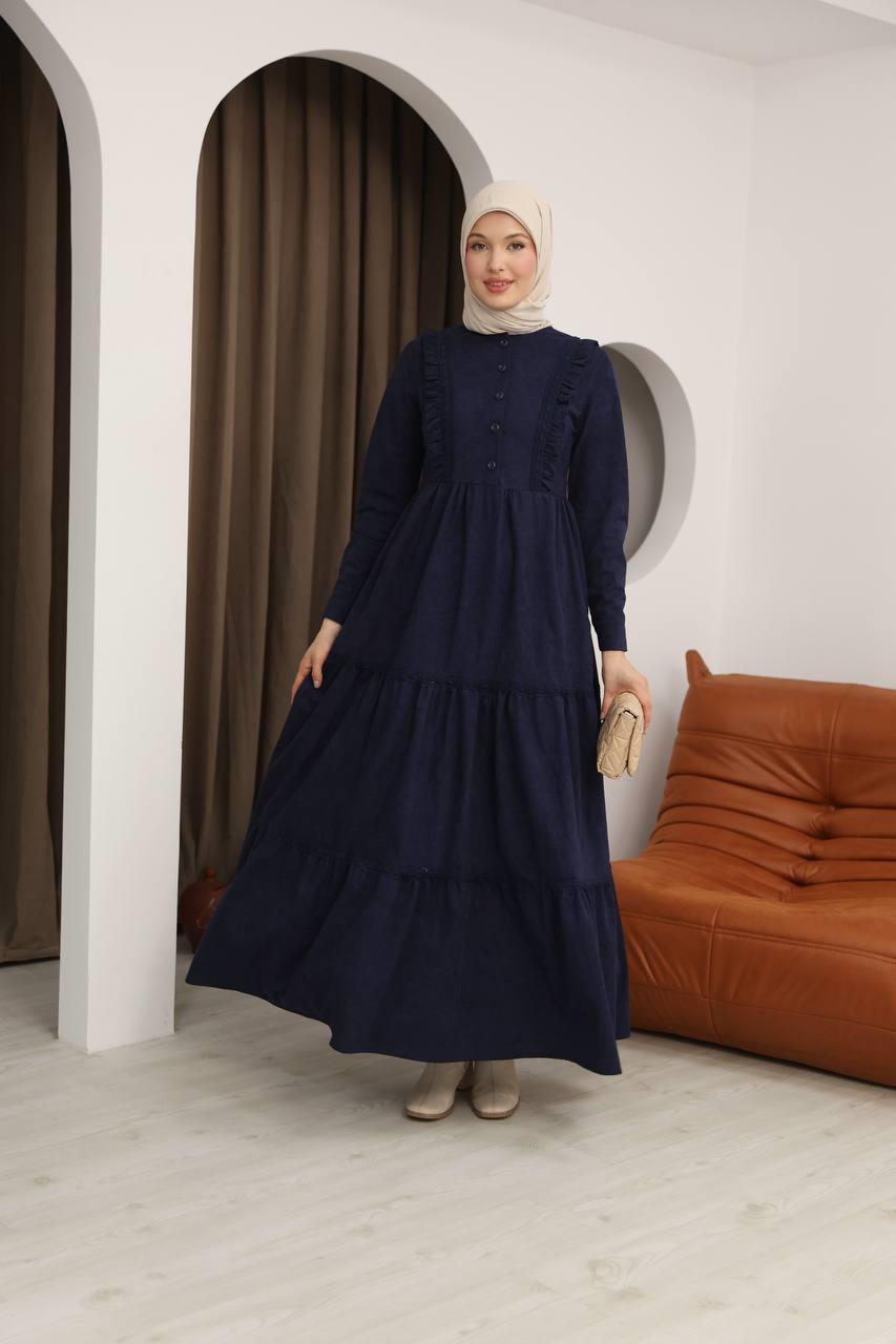 8034 Güpürlü Fırfırlı Elbise - Lacivert