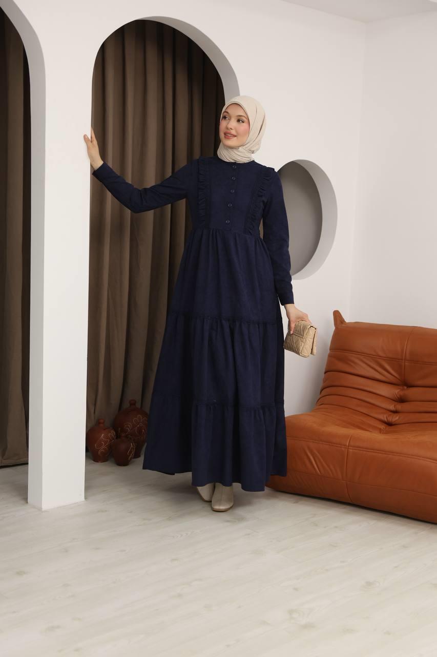 8034 Güpürlü Fırfırlı Elbise - Lacivert