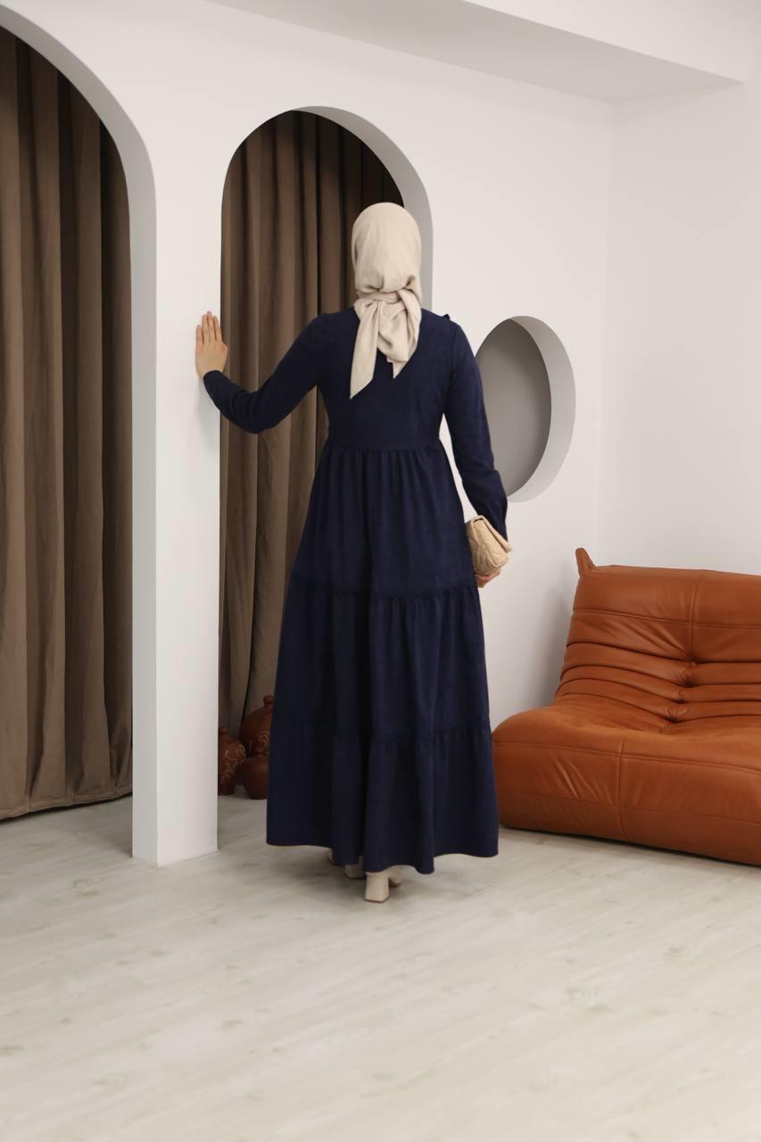8034 Güpürlü Fırfırlı Elbise - Lacivert