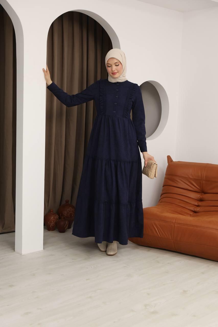 8034 Güpürlü Fırfırlı Elbise - Lacivert