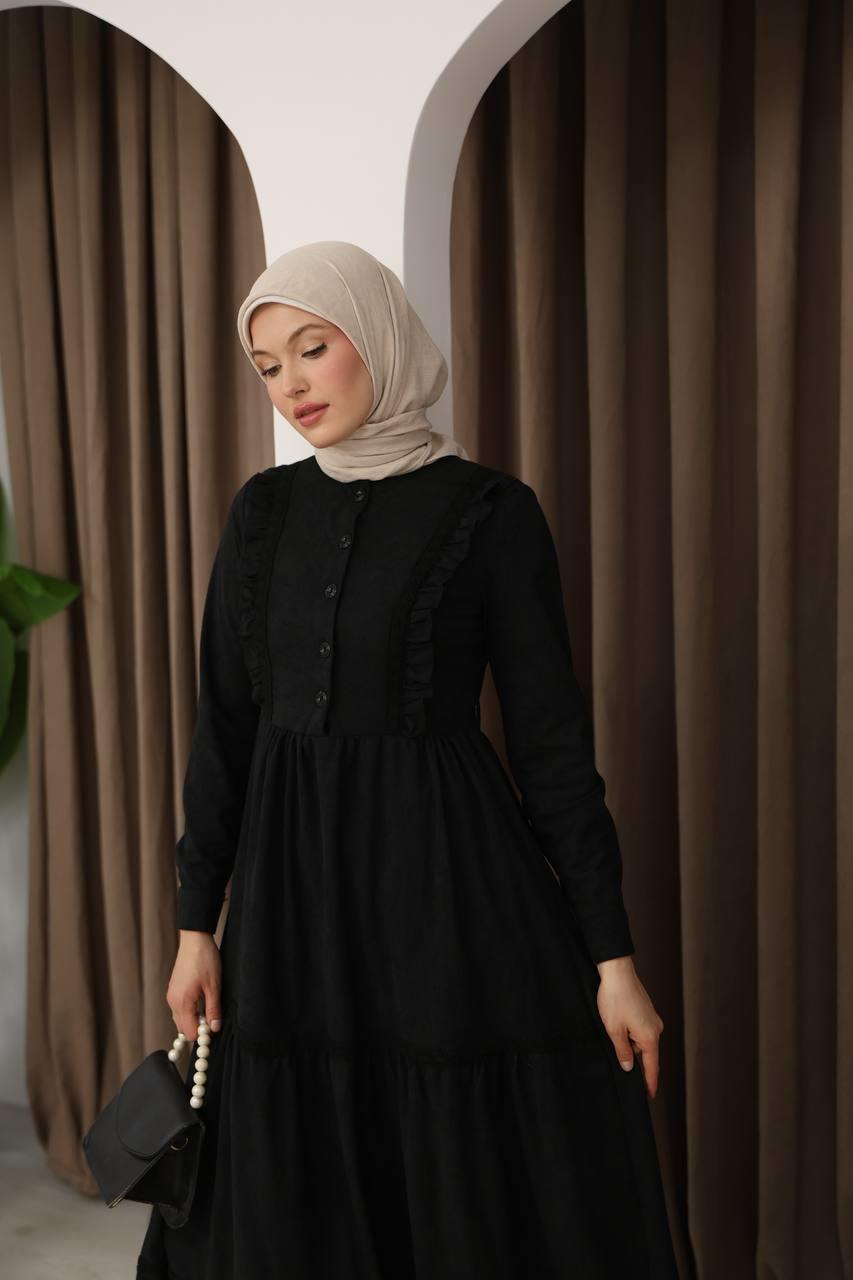 8034 Güpürlü Fırfırlı Elbise - Siyah