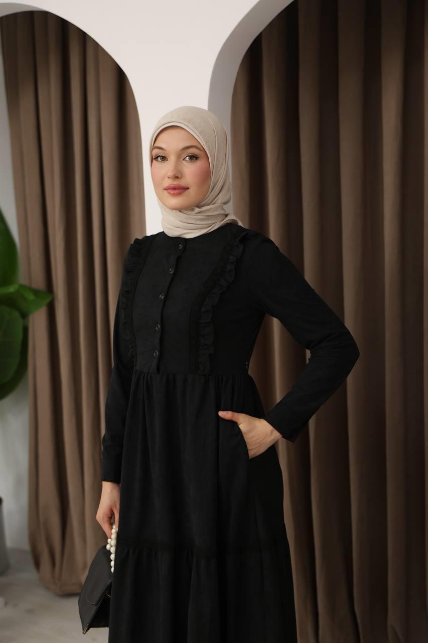 8034 Güpürlü Fırfırlı Elbise - Siyah