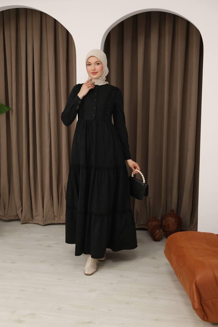 8034 Güpürlü Fırfırlı Elbise - Siyah