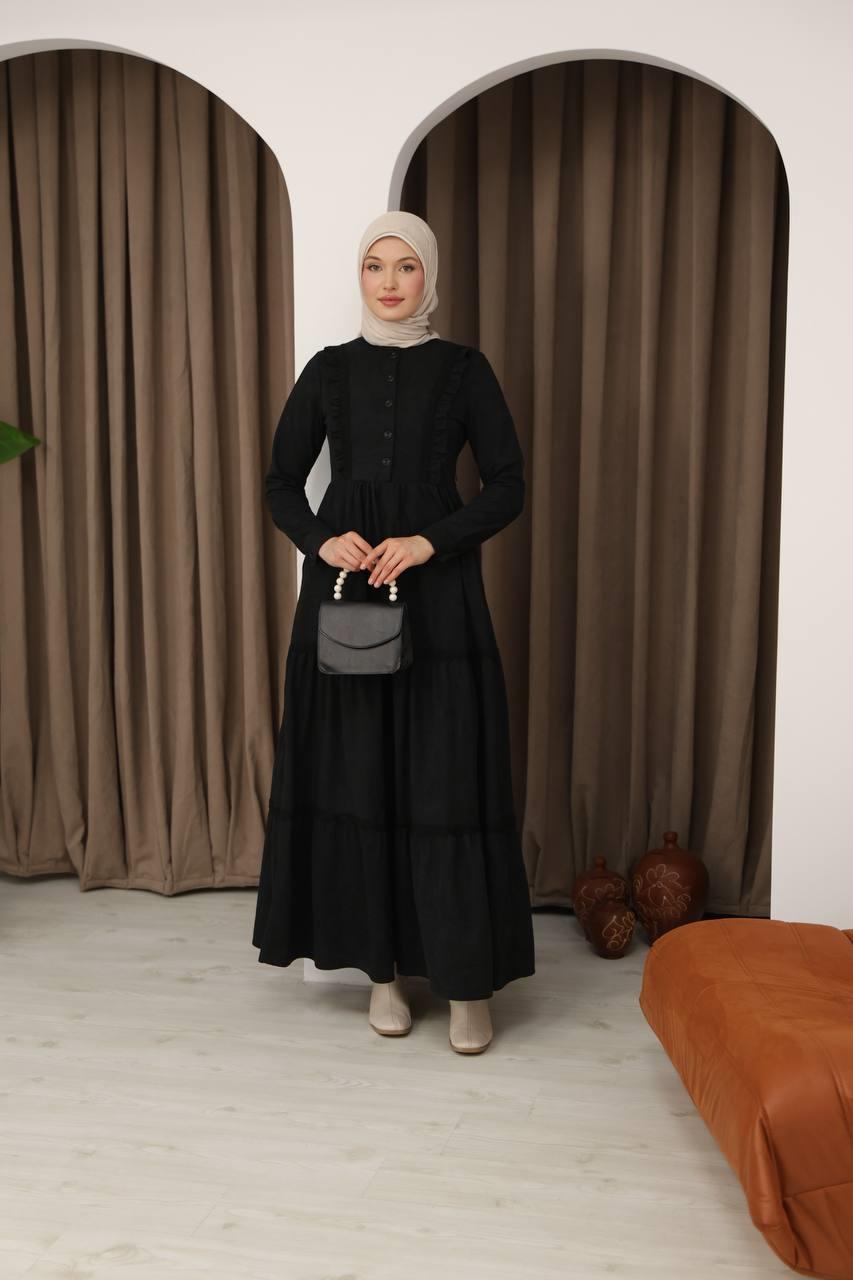8034 Güpürlü Fırfırlı Elbise - Siyah