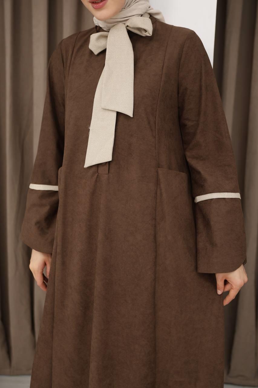 8061 Cepli Detaylı Elbise - Kahverengi