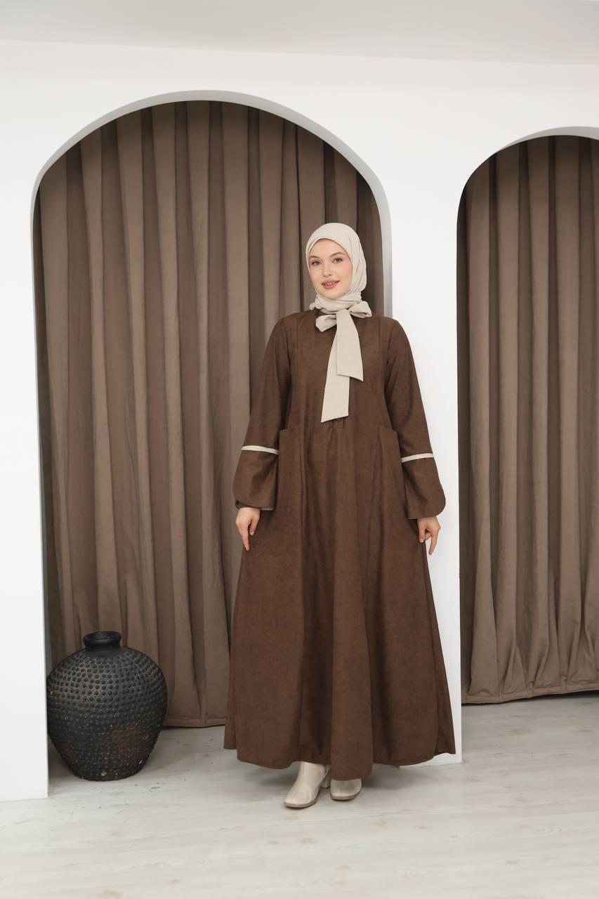 8061 Cepli Detaylı Elbise - Kahverengi