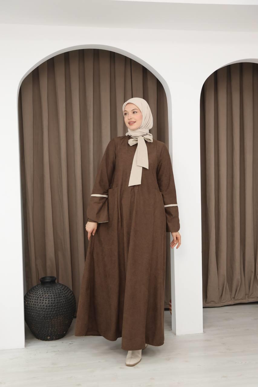 8061 Cepli Detaylı Elbise - Kahverengi