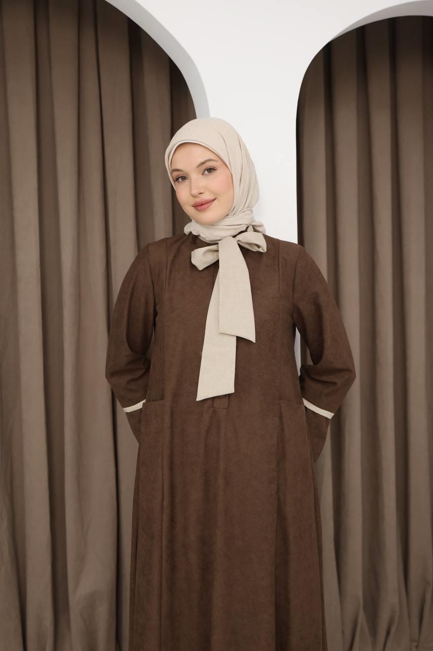 8061 Cepli Detaylı Elbise - Kahverengi