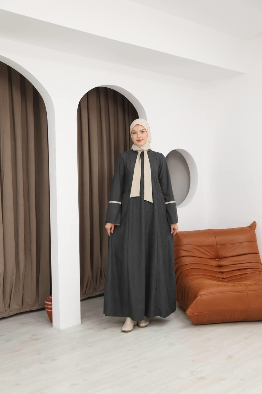 8061 Cepli Detaylı Elbise - Koyu Gri