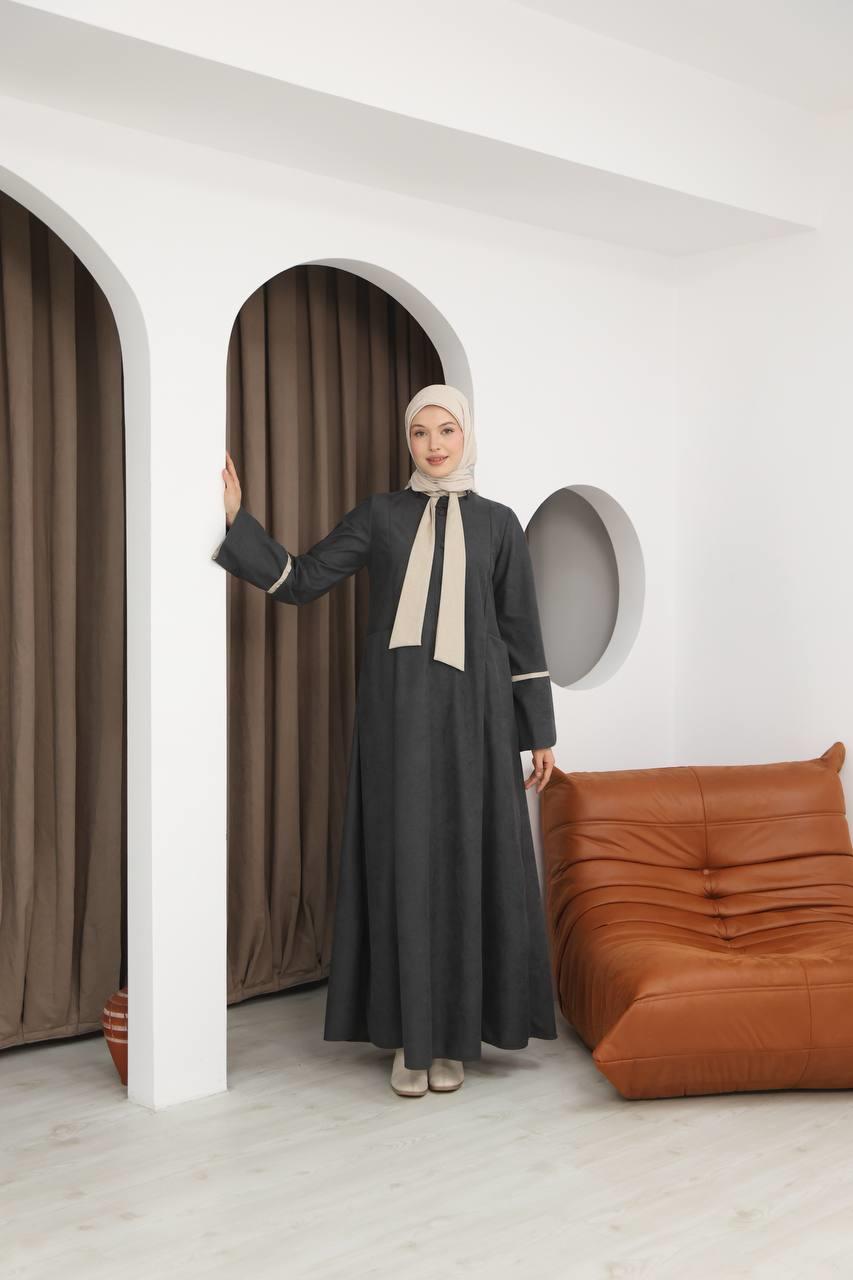 8061 Cepli Detaylı Elbise - Koyu Gri