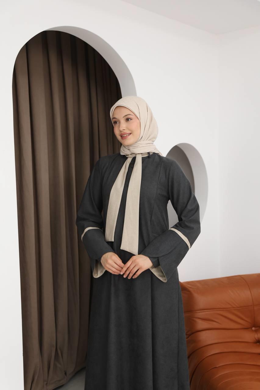 8061 Cepli Detaylı Elbise - Koyu Gri