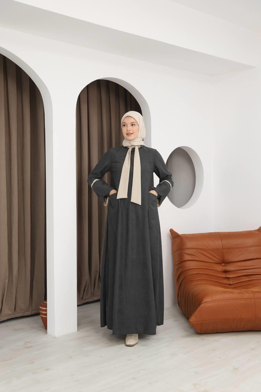 8061 Cepli Detaylı Elbise - Koyu Gri