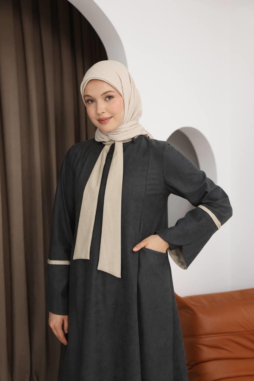 8061 Cepli Detaylı Elbise - Koyu Gri