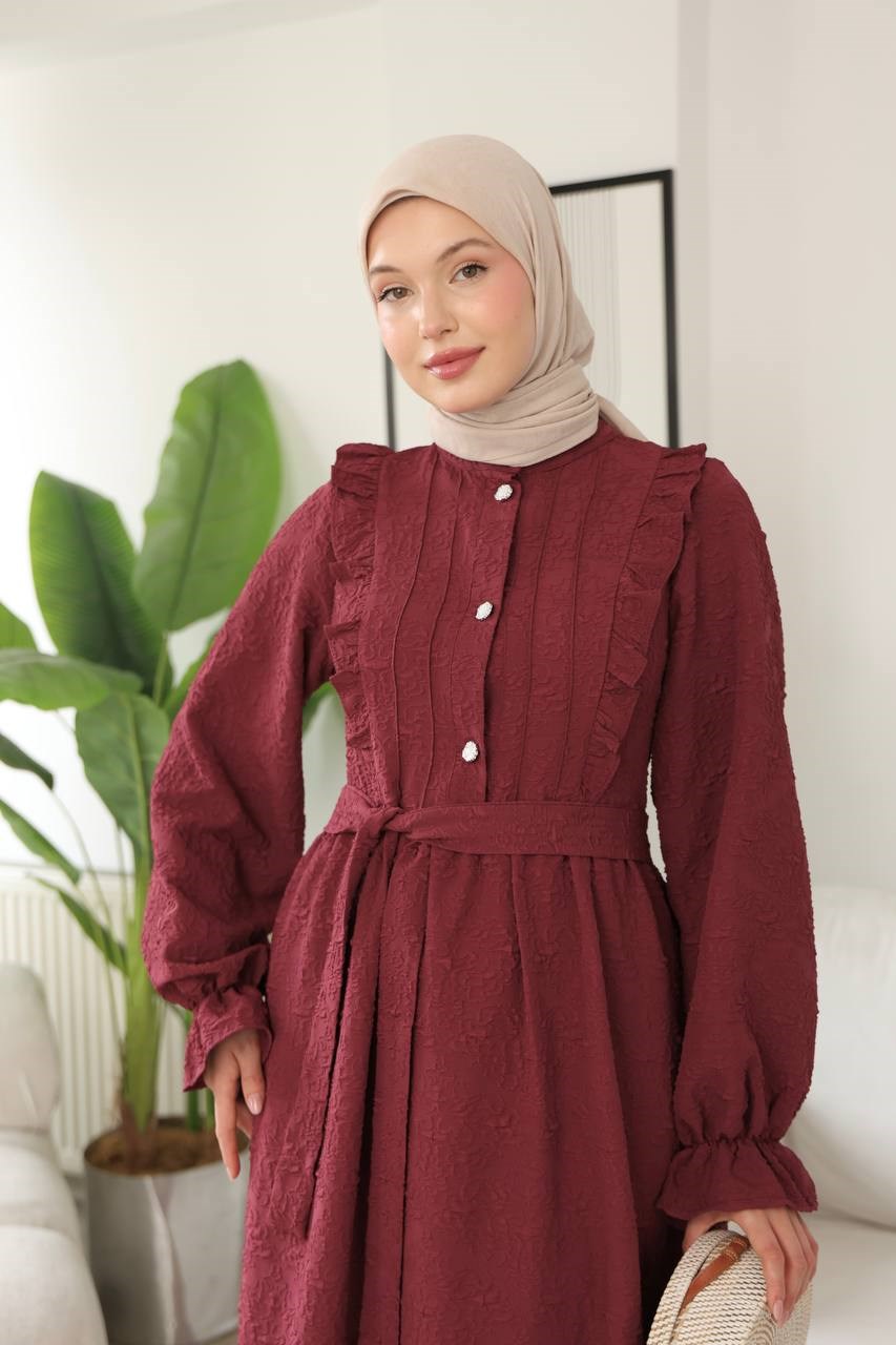 9270 Masal Fırfır Detaylı Elbise - Bordo