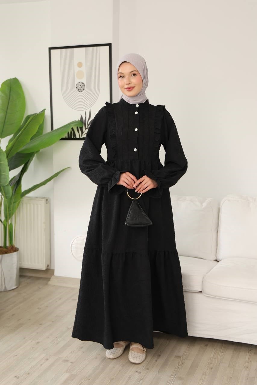 9270 Masal Fırfır Detaylı Elbise - Siyah