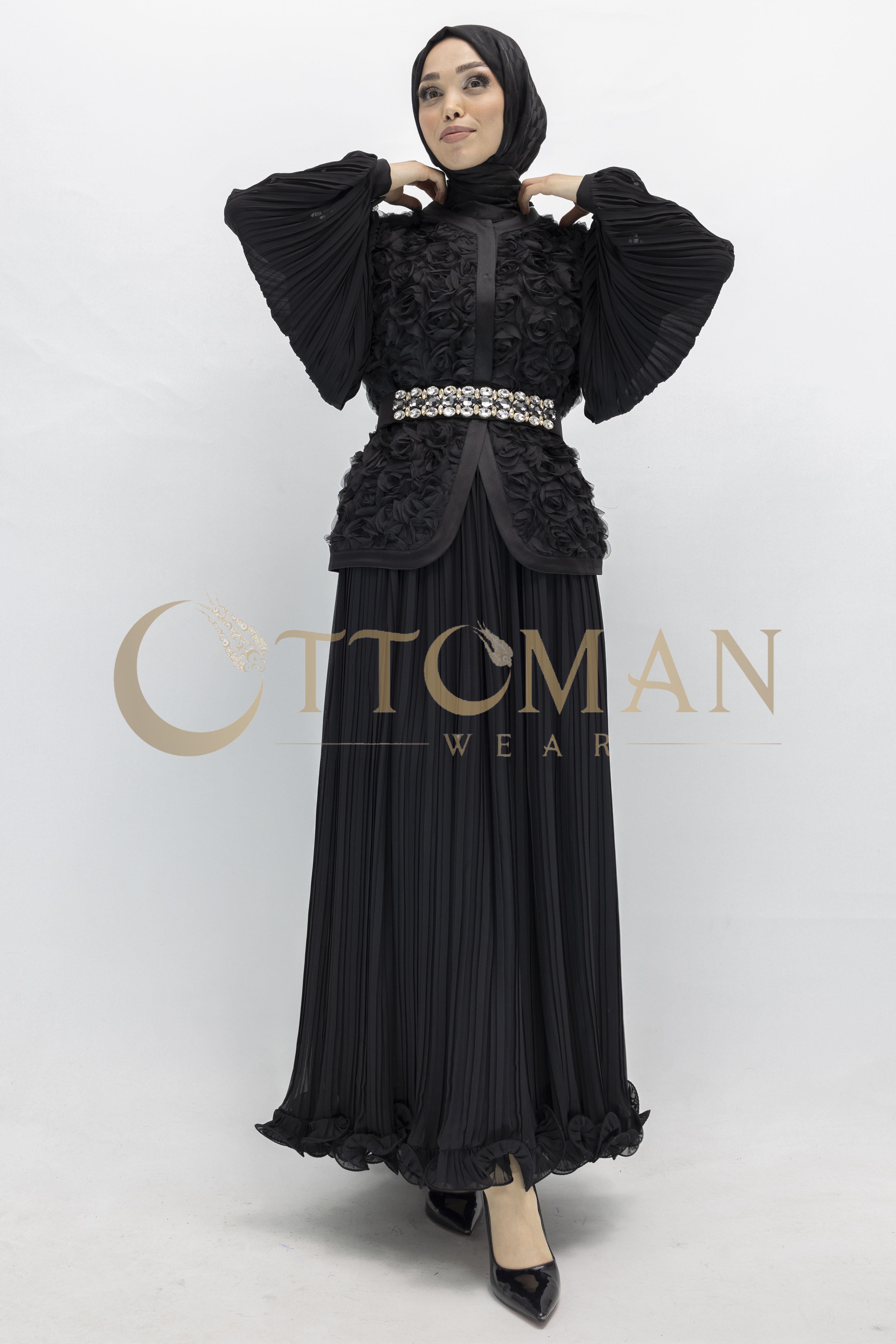 3D Gül Desenli Taş Detaylı Kuşaklı Pliseli Abiye Takım  Siyah OTW44908